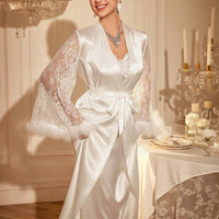 LuxeNights Ensemble de robe de chambre et nuisette en satin avec empiècements en dentelle