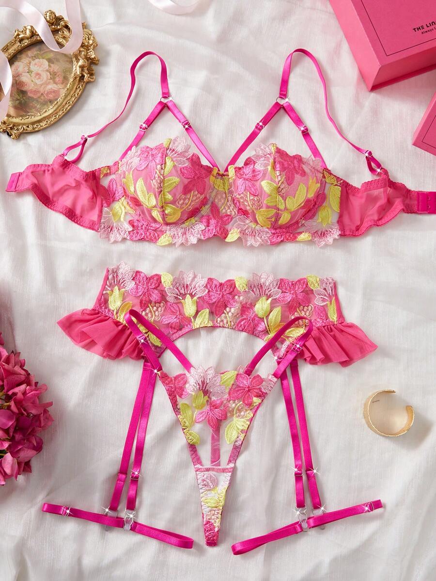 SHEIN 5 pièces/set Lingerie sexy pour femmes avec armatures en maille et broderie