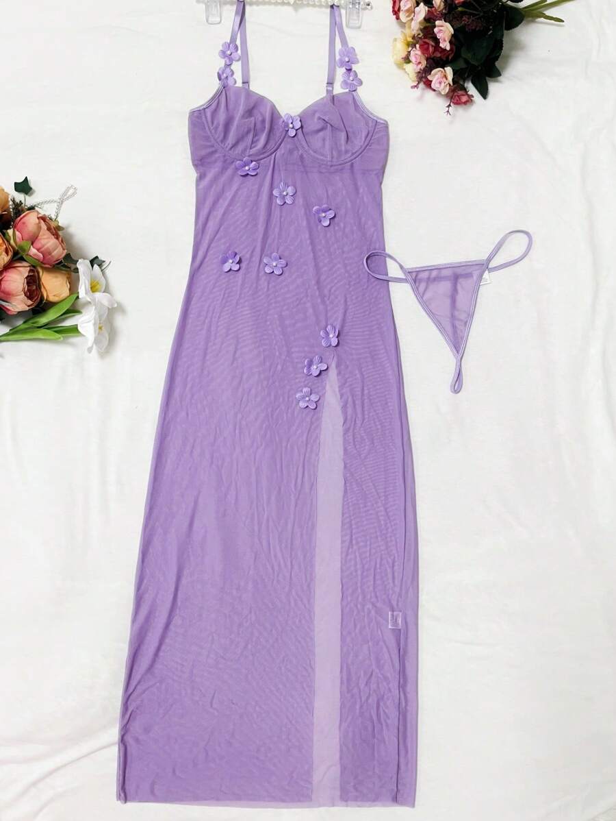 2 pièces Ensemble de nuisette en maille sexy pour femmes (avec armature, string)