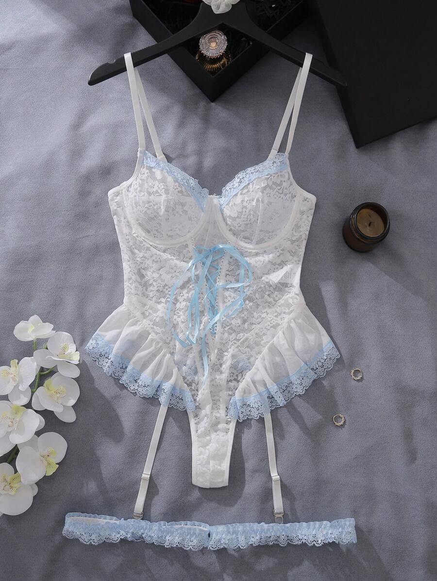 3 pièces Ensemble de lingerie body avec volants en dentelle romantique