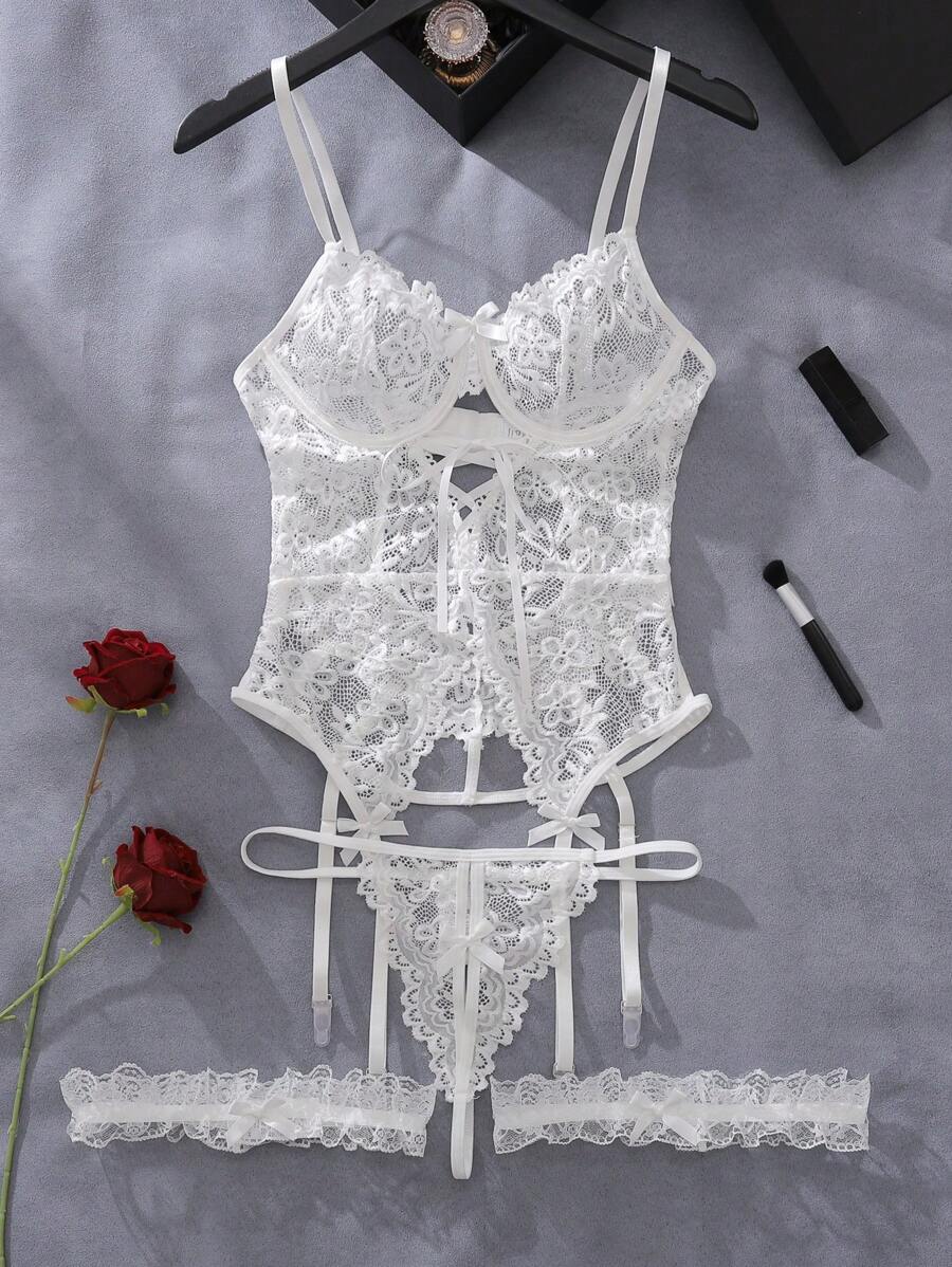 Crystal Vow Ensemble de lingerie corset avec jarretelles et armatures florales en dentelle