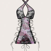 Empress Envy Nuisette sexy pour femmes avec motif léopard, encolure balnéaire, dos ouvert, fente latérale, fermeture à cordon de serrage