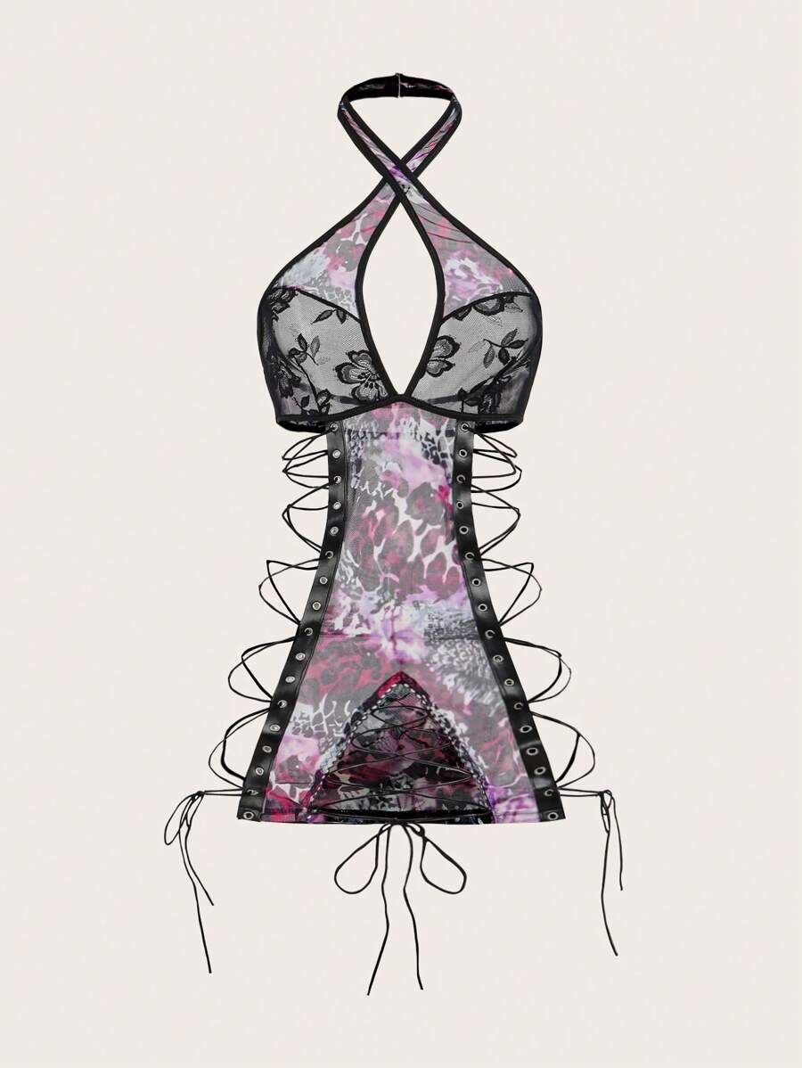 Empress Envy Nuisette sexy pour femmes avec motif léopard, encolure balnéaire, dos ouvert, fente latérale, fermeture à cordon de serrage