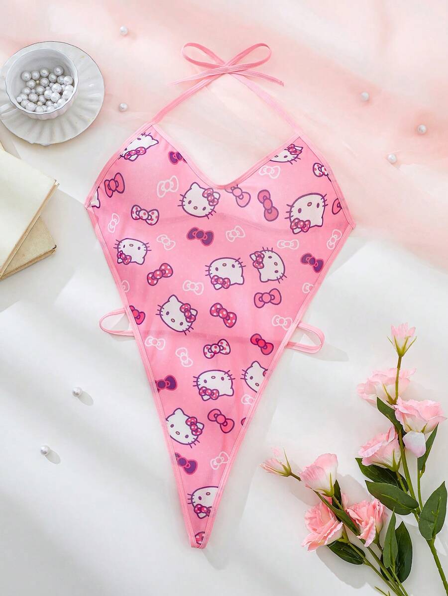 Sanrio Ensemble de pyjama rose imprimé numériquement mignon Hello chat de Sanrio, body transparent dos nu, body mignon, body teddy, body sexy lingerie, idéal pour les sorties