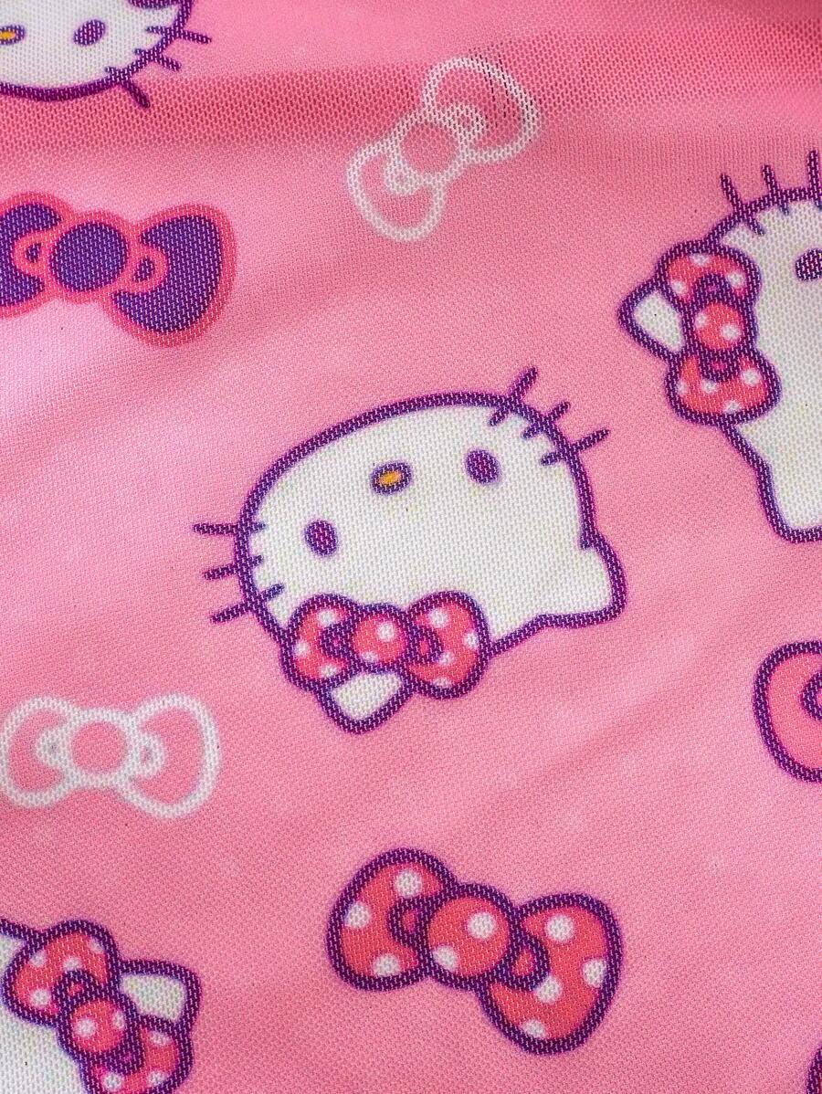 Sanrio Ensemble de pyjama rose imprimé numériquement mignon Hello chat de Sanrio, body transparent dos nu, body mignon, body teddy, body sexy lingerie, idéal pour les sorties