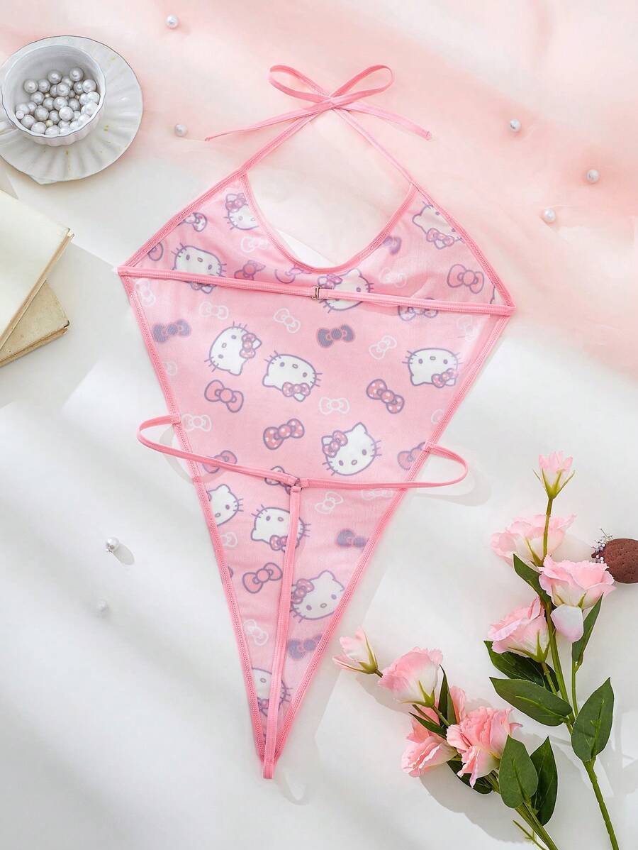 Sanrio Ensemble de pyjama rose imprimé numériquement mignon Hello chat de Sanrio, body transparent dos nu, body mignon, body teddy, body sexy lingerie, idéal pour les sorties