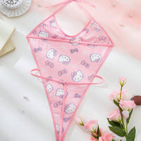 Sanrio Ensemble de pyjama rose imprimé numériquement mignon Hello chat de Sanrio, body transparent dos nu, body mignon, body teddy, body sexy lingerie, idéal pour les sorties