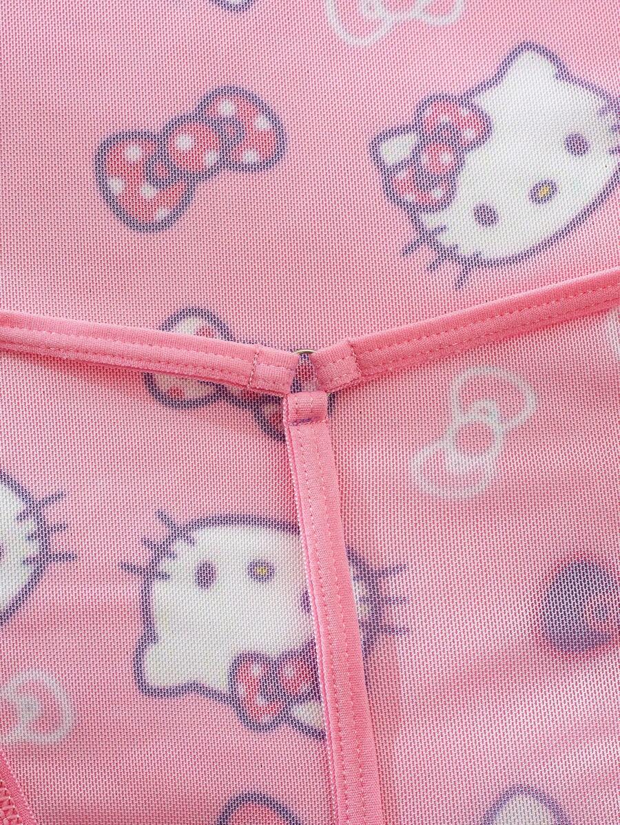 Sanrio Ensemble de pyjama rose imprimé numériquement mignon Hello chat de Sanrio, body transparent dos nu, body mignon, body teddy, body sexy lingerie, idéal pour les sorties