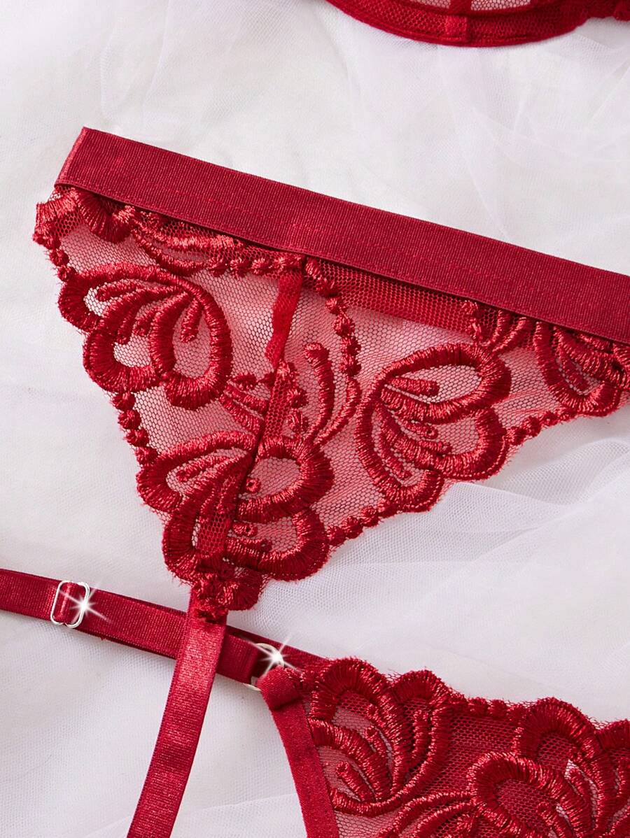 SHEIN 5 pièces/set Ensemble de lingerie sexy en dentelle avec broderie pour femmes