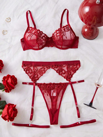 SHEIN 5 pièces/set Ensemble de lingerie sexy en dentelle avec broderie pour femmes