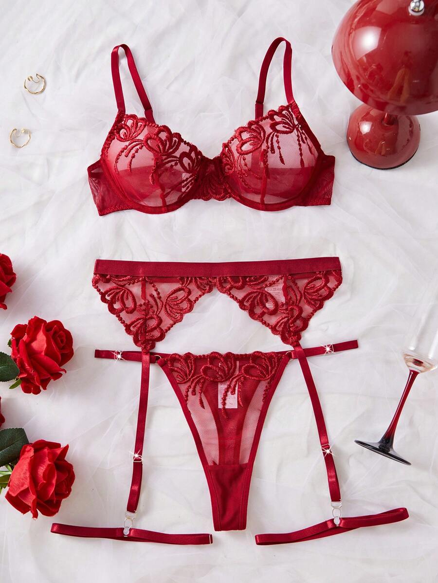 SHEIN 5 pièces/set Ensemble de lingerie sexy en dentelle avec broderie pour femmes