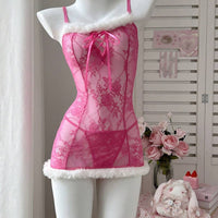 PetitDoll 2 pièces Nuisette courte mignonne pour femme en patchwork de dentelle et de fourrure rose