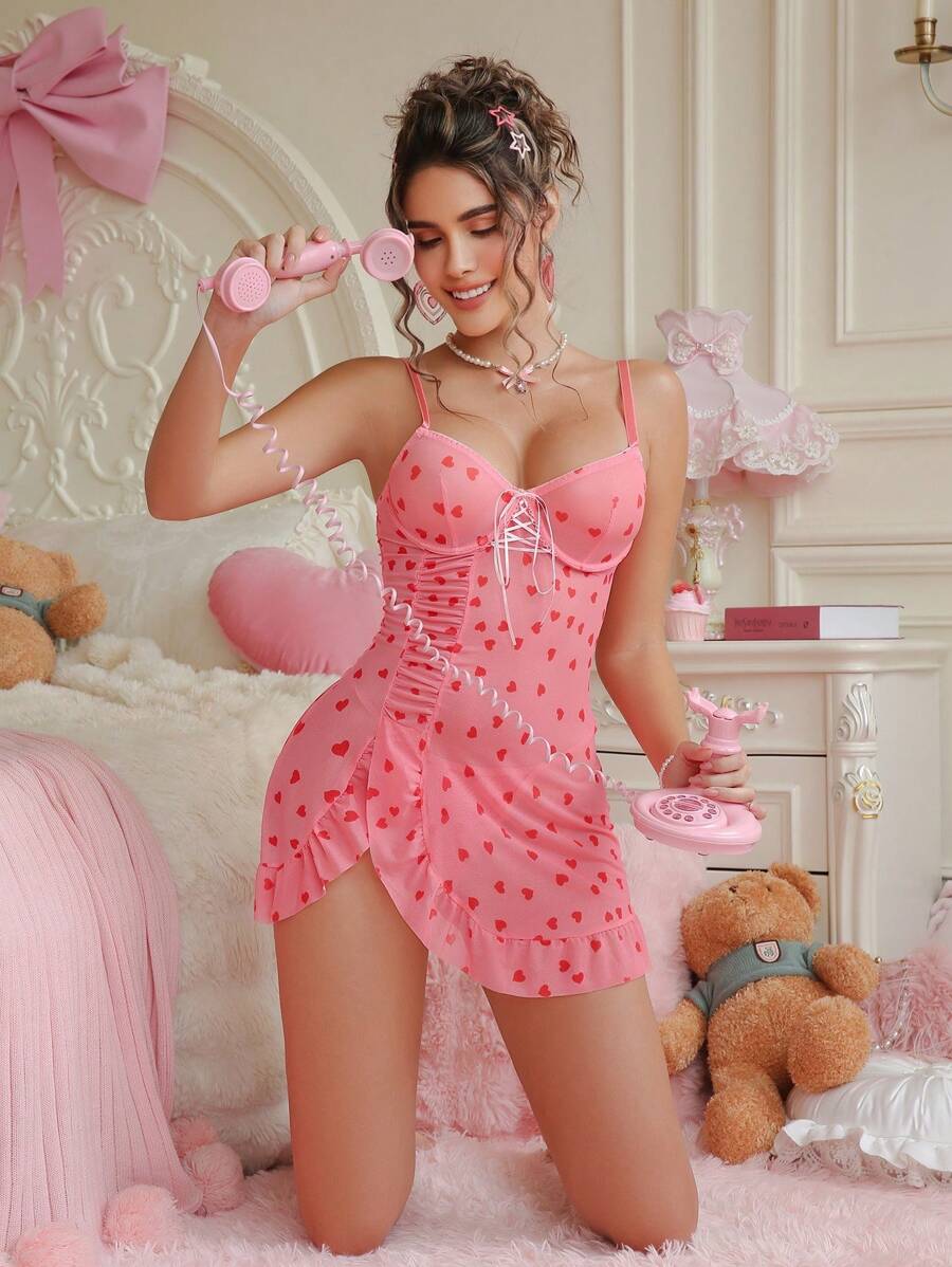 PetitDoll 2 pièces/set Robe de lingerie sexy en maille en forme de cœur