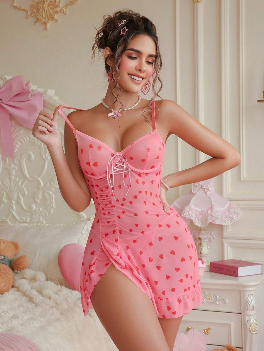 PetitDoll 2 pièces/set Robe de lingerie sexy en maille en forme de cœur