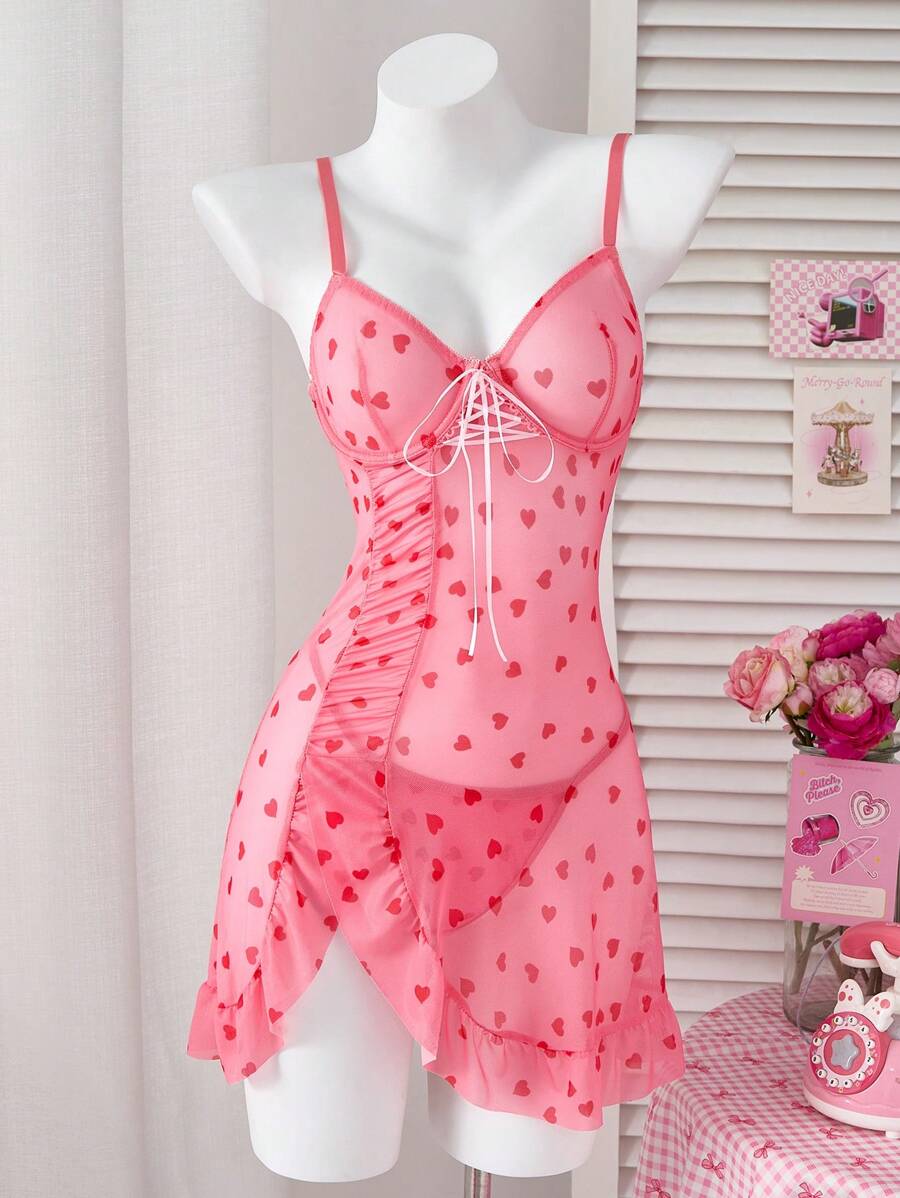 PetitDoll 2 pièces/set Robe de lingerie sexy en maille en forme de cœur