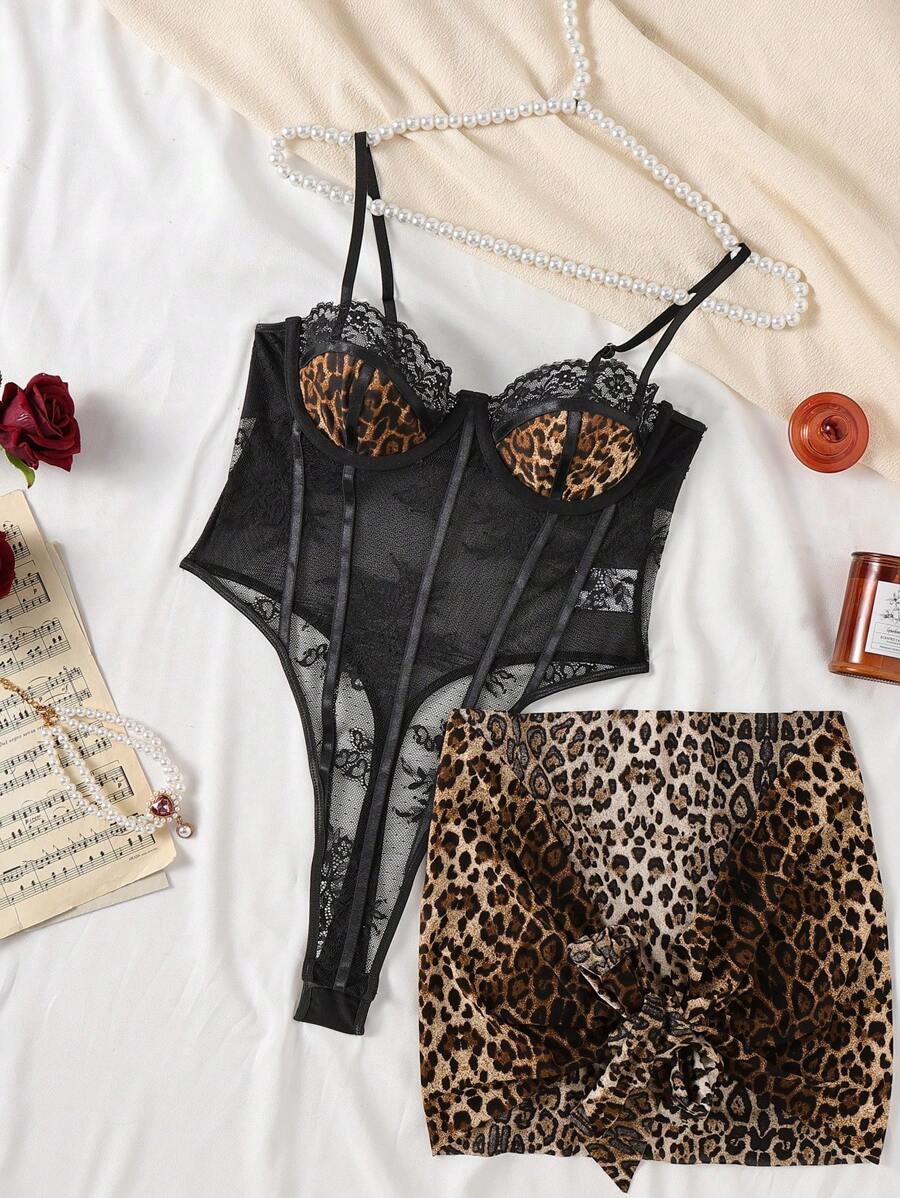 Seduluxe 2 pièces/set Jupe mini moulante et body sexy à lacets imprimé léopard