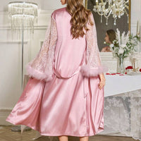 LuxeNights Ensemble de robe de chambre et nuisette en satin avec empiècements en dentelle