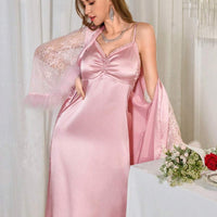 LuxeNights Ensemble de robe de chambre et nuisette en satin avec empiècements en dentelle