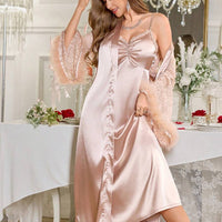 LuxeNights Ensemble de robe de chambre et nuisette en satin avec empiècements en dentelle