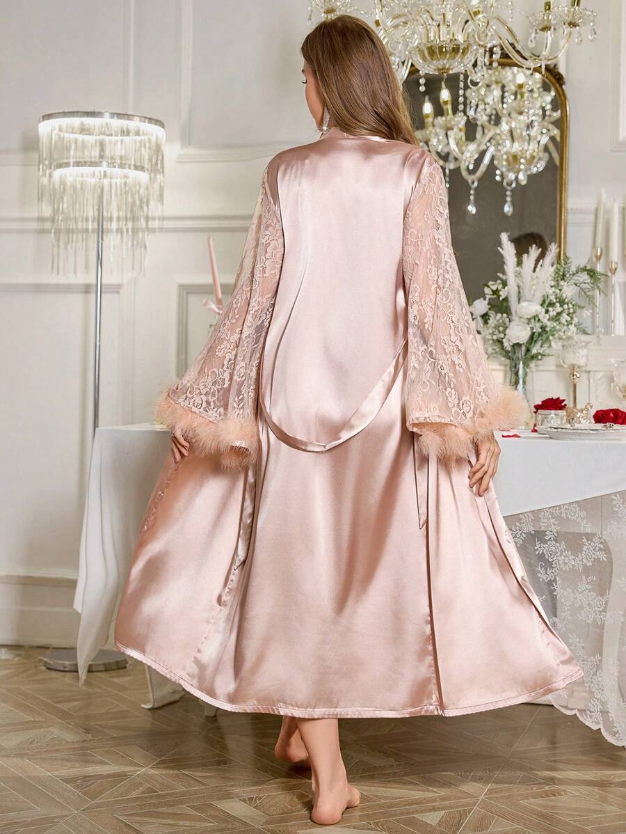 LuxeNights Ensemble de robe de chambre et nuisette en satin avec empiècements en dentelle