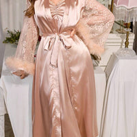 LuxeNights Ensemble de robe de chambre et nuisette en satin avec empiècements en dentelle