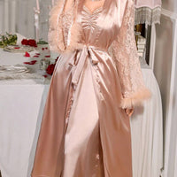 LuxeNights Ensemble de robe de chambre et nuisette en satin avec empiècements en dentelle