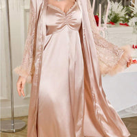 LuxeNights Ensemble de robe de chambre et nuisette en satin avec empiècements en dentelle