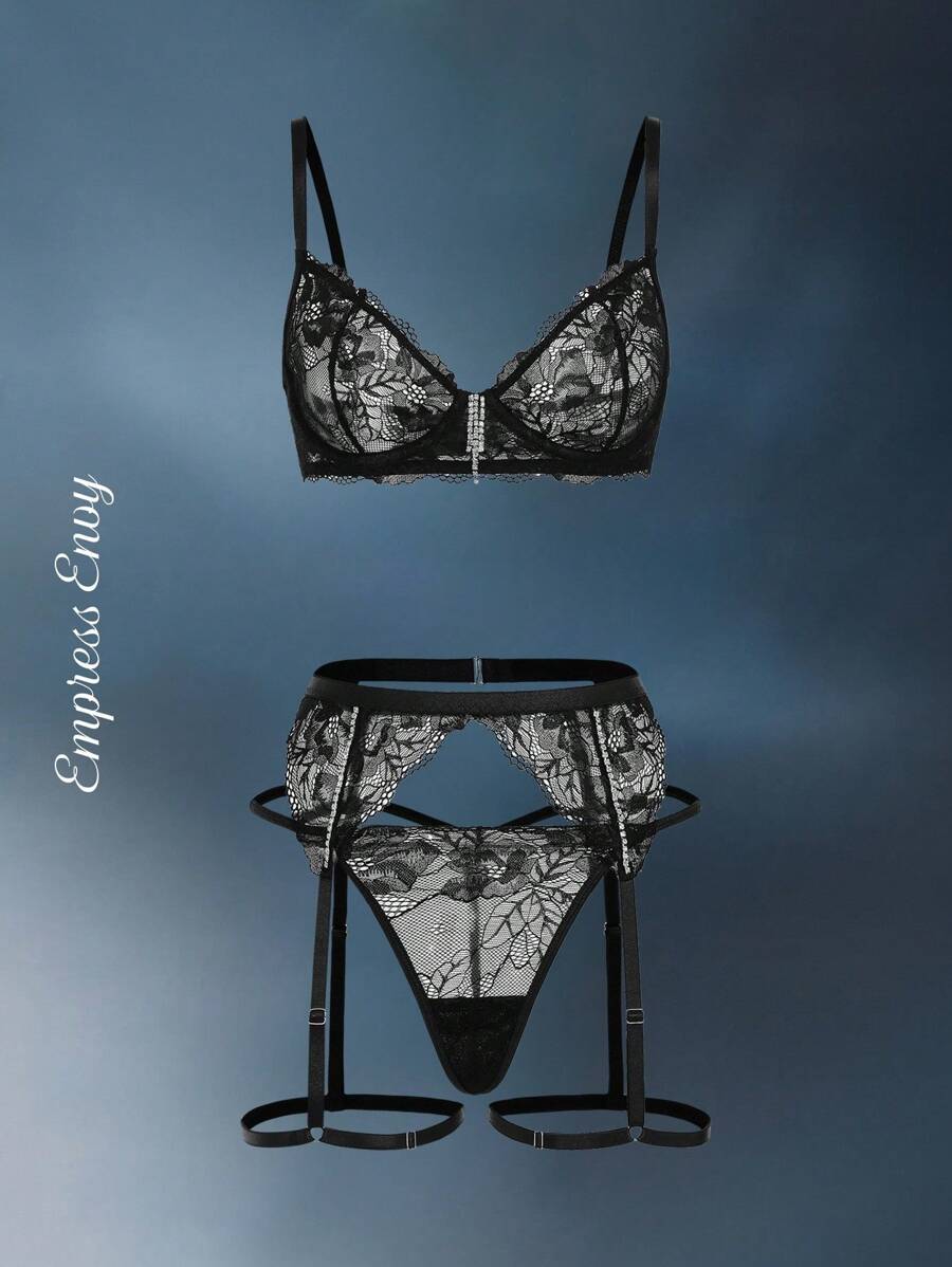 Empress Envy 3 pièces Ensemble de lingerie pour femme en dentelle fleurie et strass à armature 3/4 tasse sexy avec string, en noir. Convient pour les fêtes, les vacances et le quotidien