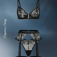 Empress Envy 3 pièces Ensemble de lingerie pour femme en dentelle fleurie et strass à armature 3/4 tasse sexy avec string, en noir. Convient pour les fêtes, les vacances et le quotidien