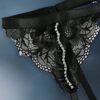 Empress Envy 3 pièces Ensemble de lingerie pour femme en dentelle fleurie et strass à armature 3/4 tasse sexy avec string, en noir. Convient pour les fêtes, les vacances et le quotidien