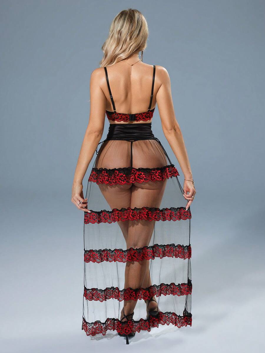 Ensemble de lingerie sexy pour femmes, ourlet à volants en dentelle transparente, convient pour les vacances et les mariages