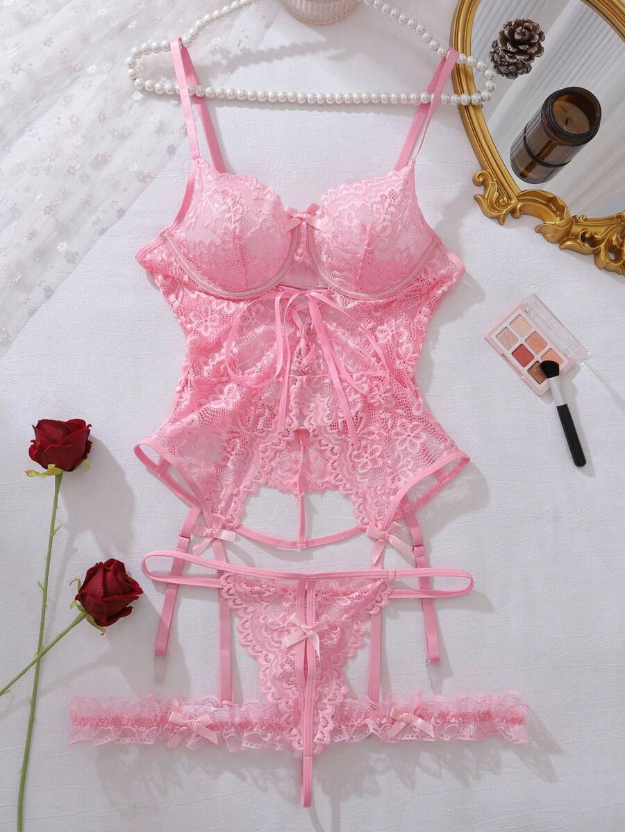 Crystal Vow Ensemble de lingerie corset avec jarretelles et armatures florales en dentelle