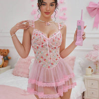 PetitDoll 2 pièces/Set Nuisette en dentelle sexy et contrastée avec maille pour femmes (avec armature, string), pour sortir