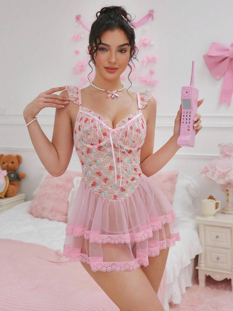 PetitDoll 2 pièces/Set Nuisette en dentelle sexy et contrastée avec maille pour femmes (avec armature, string), pour sortir