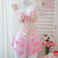 PetitDoll 2 pièces/Set Nuisette en dentelle sexy et contrastée avec maille pour femmes (avec armature, string), pour sortir