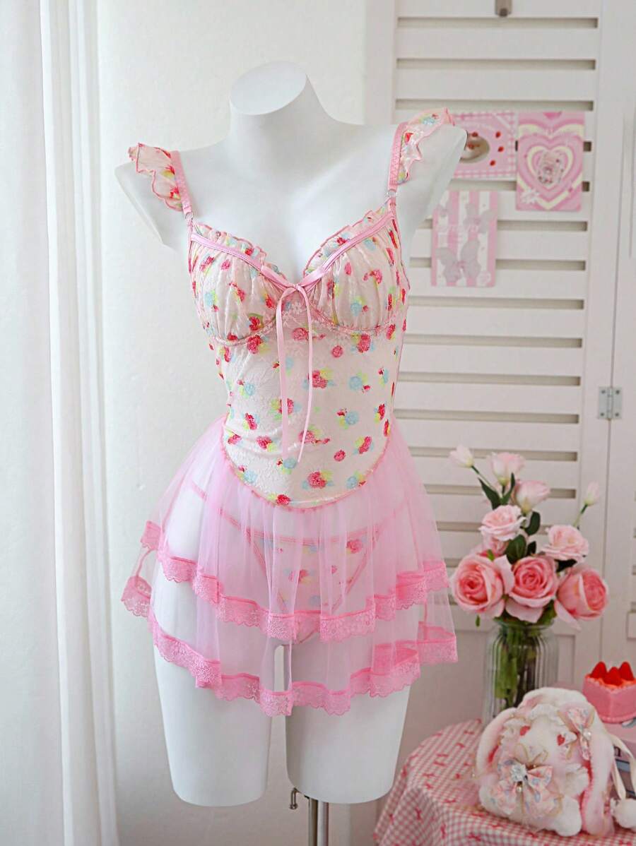 PetitDoll 2 pièces/Set Nuisette en dentelle sexy et contrastée avec maille pour femmes (avec armature, string), pour sortir