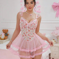 PetitDoll 2 pièces/Set Nuisette en dentelle sexy et contrastée avec maille pour femmes (avec armature, string), pour sortir