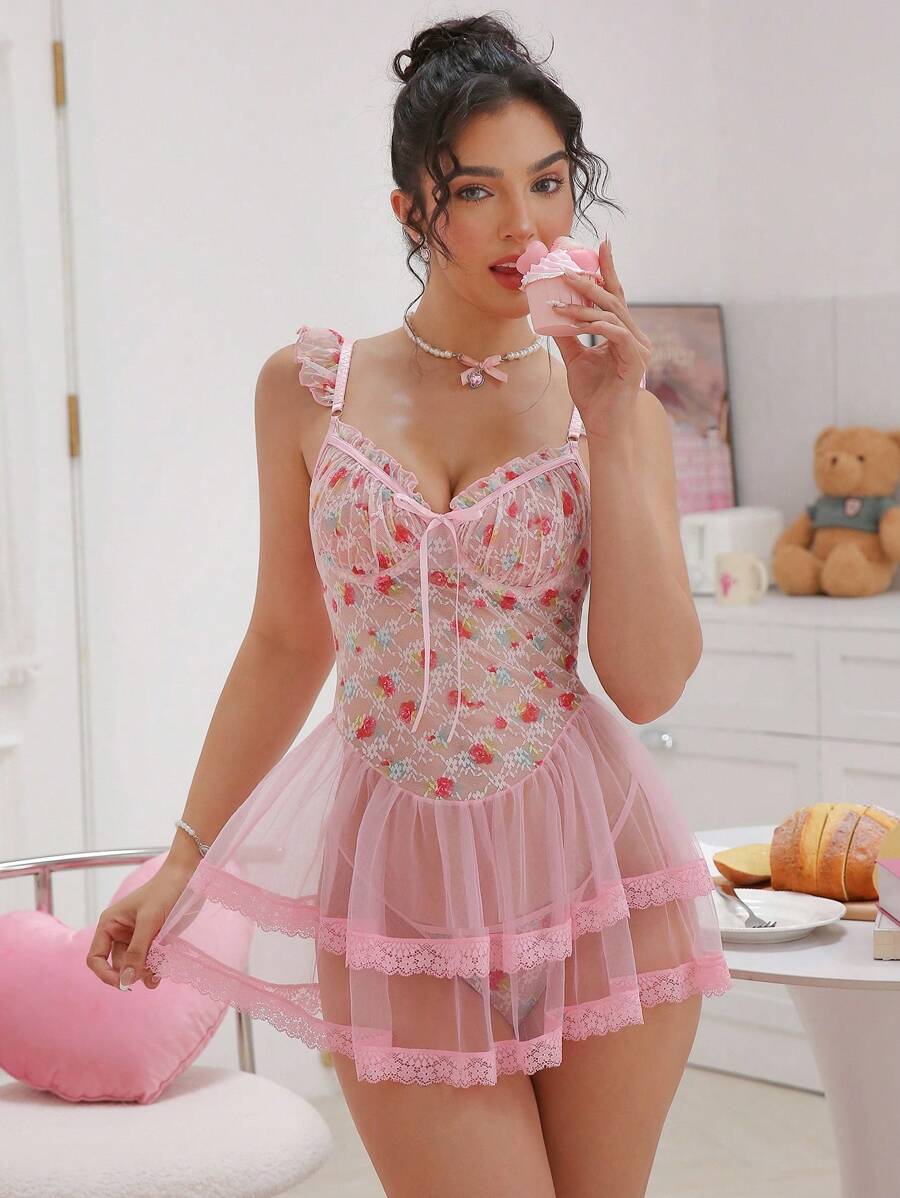 PetitDoll 2 pièces/Set Nuisette en dentelle sexy et contrastée avec maille pour femmes (avec armature, string), pour sortir