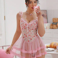 PetitDoll 2 pièces/Set Nuisette en dentelle sexy et contrastée avec maille pour femmes (avec armature, string), pour sortir