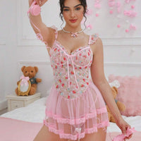 PetitDoll 2 pièces/Set Nuisette en dentelle sexy et contrastée avec maille pour femmes (avec armature, string), pour sortir