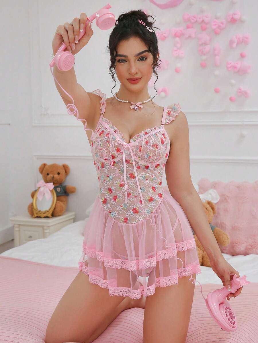 PetitDoll 2 pièces/Set Nuisette en dentelle sexy et contrastée avec maille pour femmes (avec armature, string), pour sortir