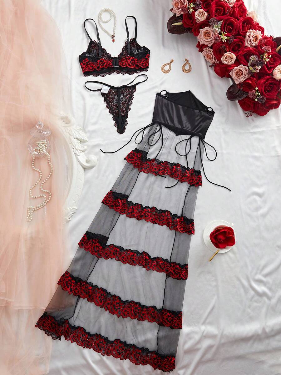 Ensemble de lingerie sexy pour femmes, ourlet à volants en dentelle transparente, convient pour les vacances et les mariages