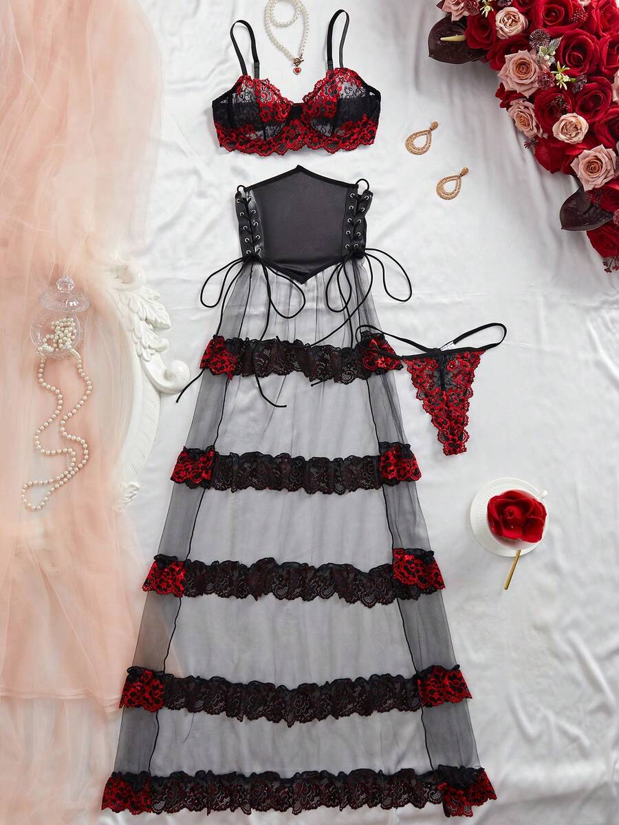 Ensemble de lingerie sexy pour femmes, ourlet à volants en dentelle transparente, convient pour les vacances et les mariages