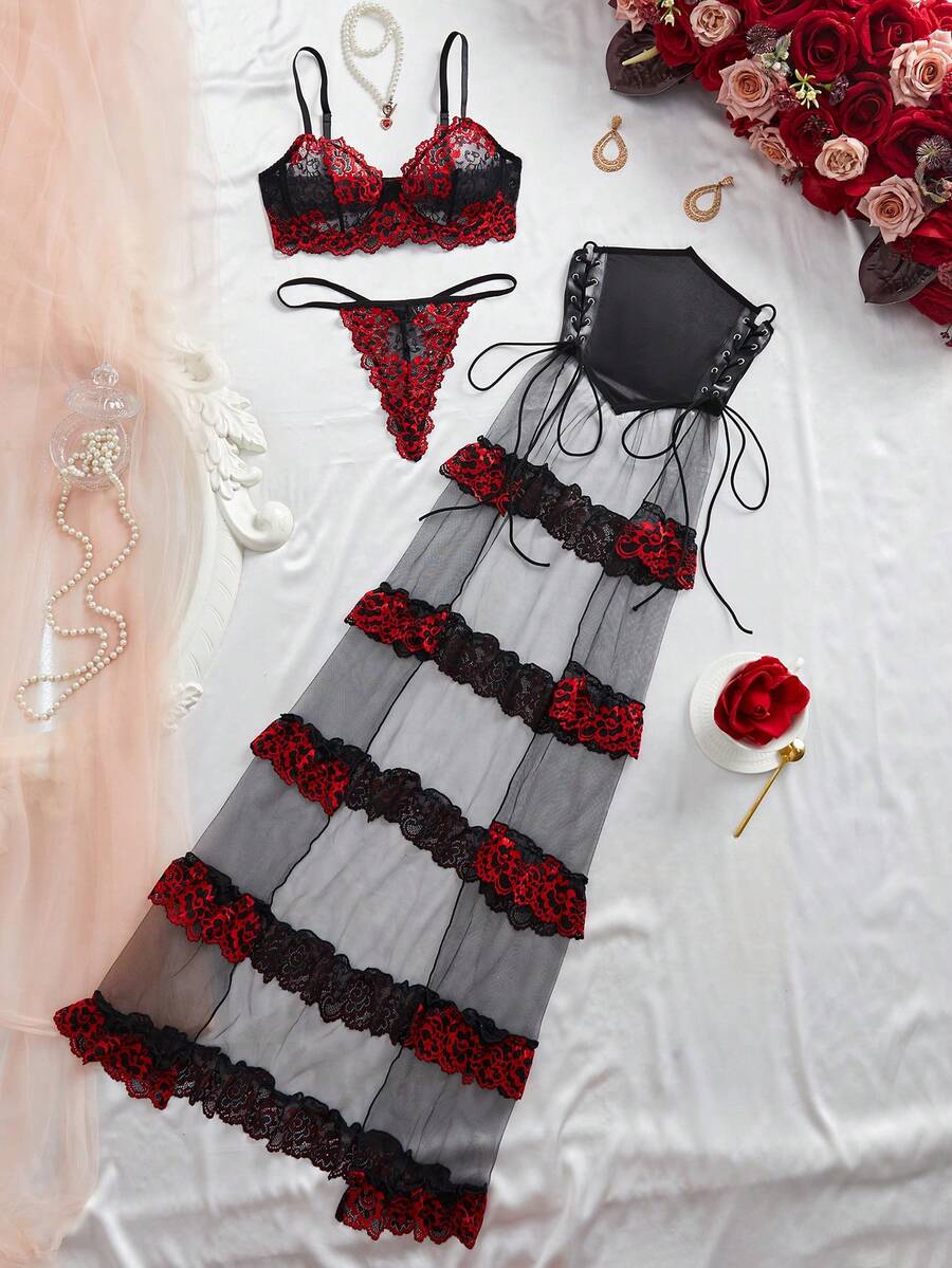 Ensemble de lingerie sexy pour femmes, ourlet à volants en dentelle transparente, convient pour les vacances et les mariages
