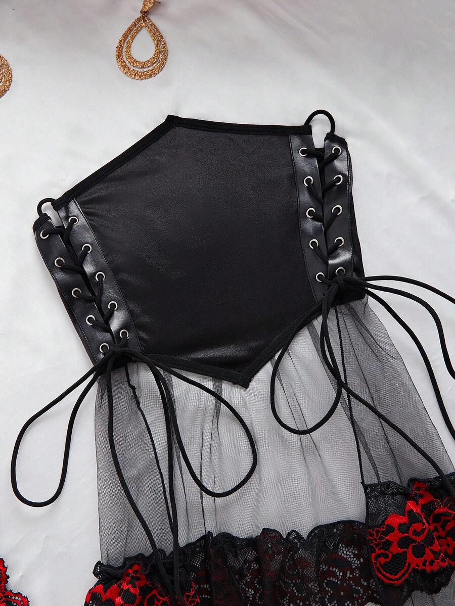 Ensemble de lingerie sexy pour femmes, ourlet à volants en dentelle transparente, convient pour les vacances et les mariages