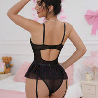 PetitDoll 4 pièces Ensemble de body sexy avec motif cœur noir pour femmes