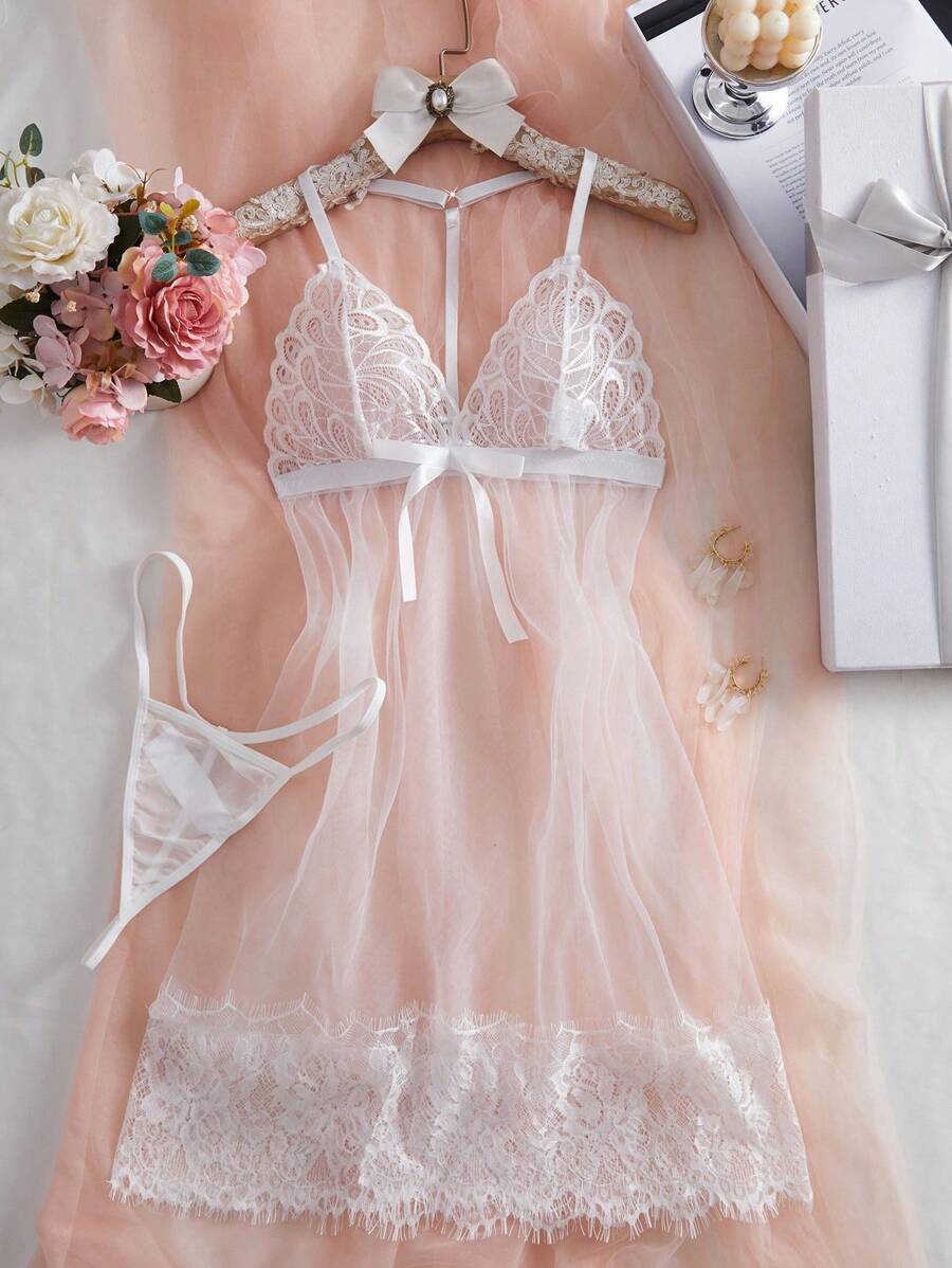 Seduluxe 2 pièces Ensemble de robe de nuit sexy en dentelle blanche