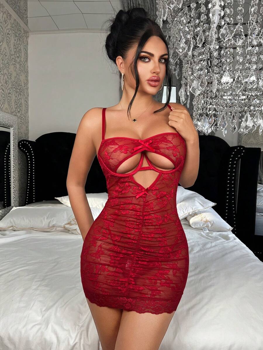 2 pièces Ensemble de robe sexy avec dentelle ajourée à l'avant et armature