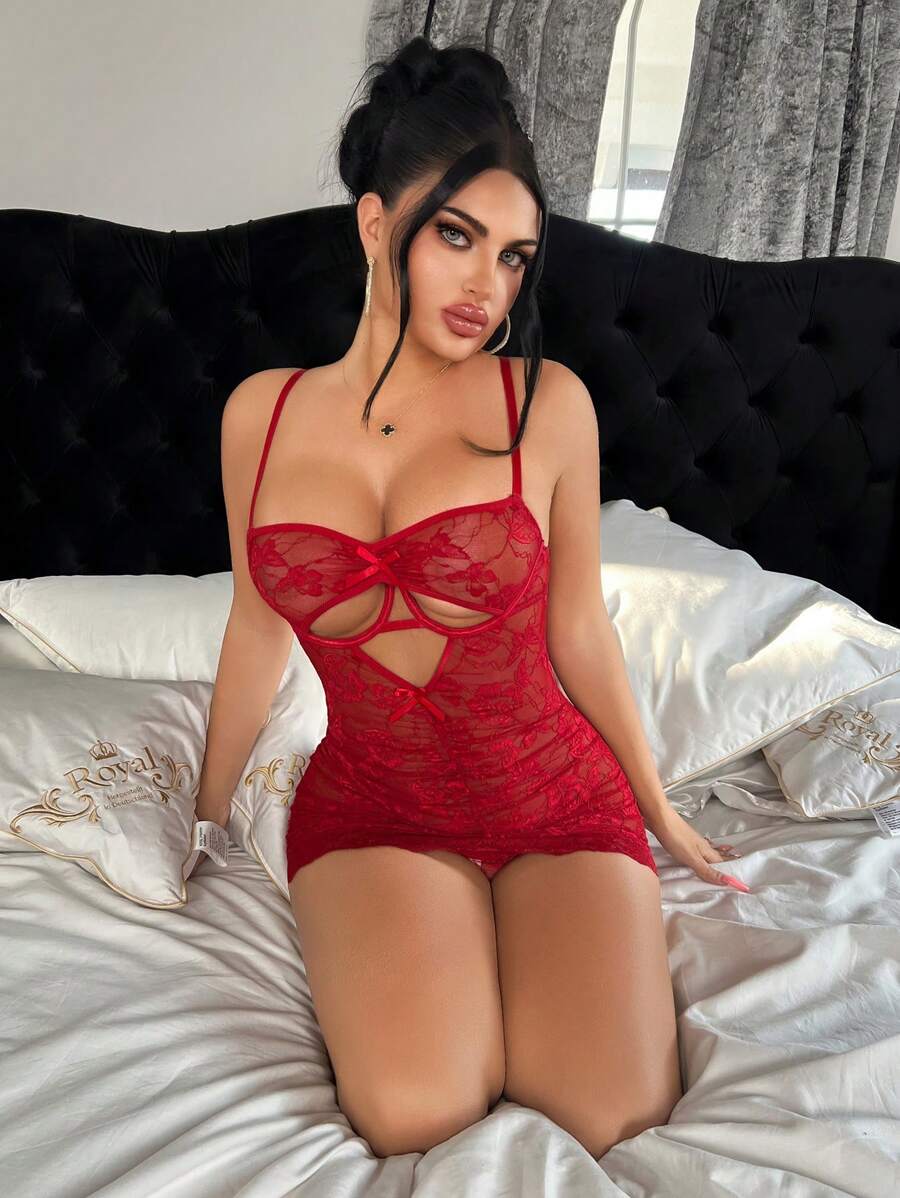 2 pièces Ensemble de robe sexy avec dentelle ajourée à l'avant et armature