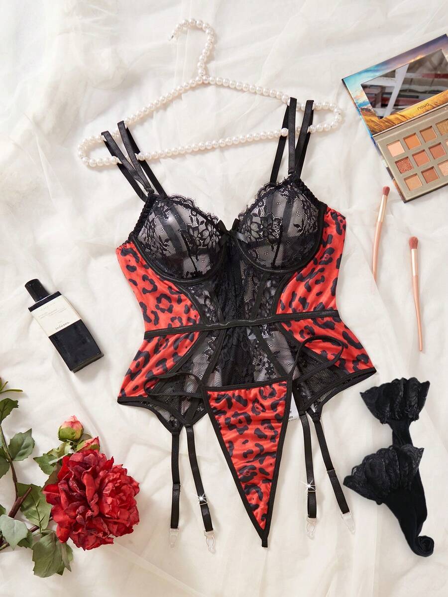 Soutien-gorge sexy pour femmes avec imprimé léopard gothique, couleurs contrastées, armatures de soutien, dentelle et maille, coupe affinante